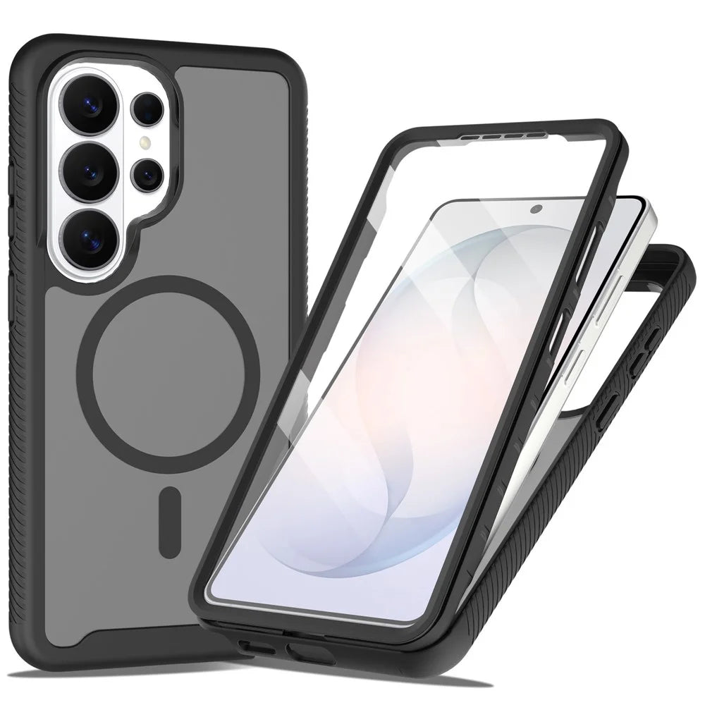 For Samsung Galaxy S26 Ultra Magnetic Phone Case 3 in 1 Translucent Skin Touch PC TPU Back Cover with PET Screen Film - Black - 1