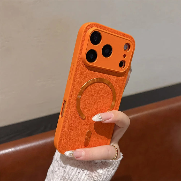 For iPhone 17 Pro Magnetic Case Aurora Pattern PU Leather + TPU + PC Phone Cover Compatible with Magsafe - Orange - 2