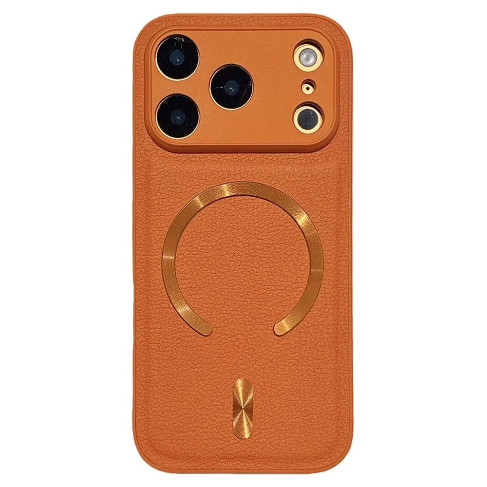 For iPhone 17 Pro Max Magnetic Case Aurora Pattern PU Leather + TPU + PC Phone Cover Compatible with Magsafe - Orange - 1