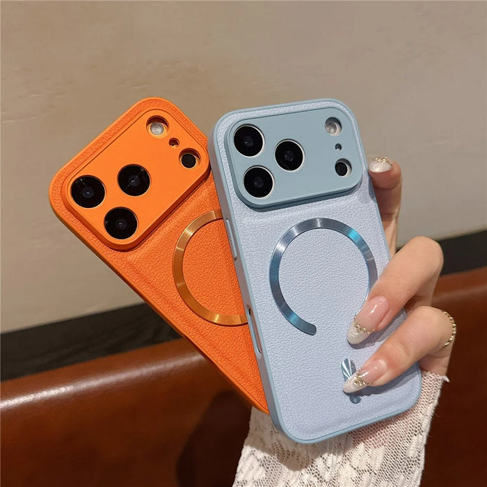 For iPhone 17 Pro Max Magnetic Case Aurora Pattern PU Leather + TPU + PC Phone Cover Compatible with Magsafe - Orange - 4