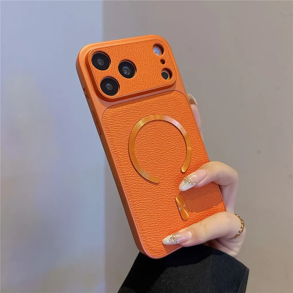 For iPhone 17 Pro Magnetic Case Aurora CD Pattern PU Leather + TPU + PC Phone Cover Compatible with Magsafe - Orange - 2
