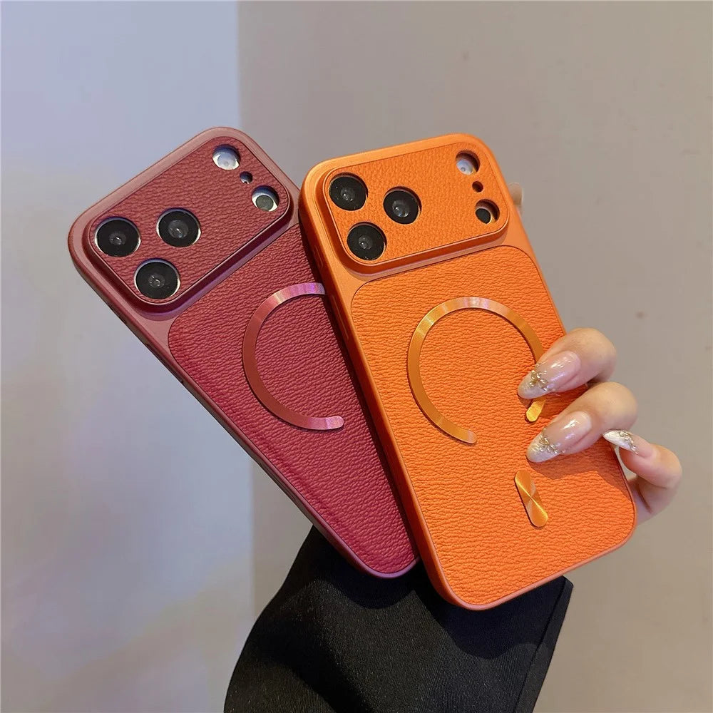 For iPhone 17 Pro Magnetic Case Aurora CD Pattern PU Leather + TPU + PC Phone Cover Compatible with Magsafe - Orange - 3