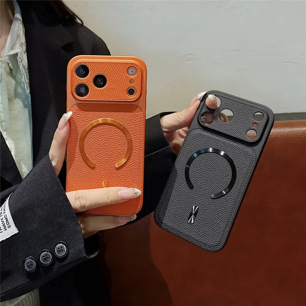 For iPhone 17 Pro Magnetic Case Aurora CD Pattern PU Leather + TPU + PC Phone Cover Compatible with Magsafe - Orange - 4