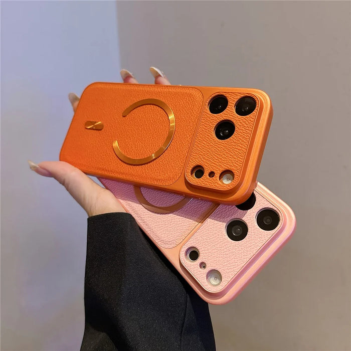 For iPhone 17 Pro Max Magnetic Case Aurora CD Pattern PU Leather + TPU + PC Phone Cover Compatible with Magsafe - Orange - 5