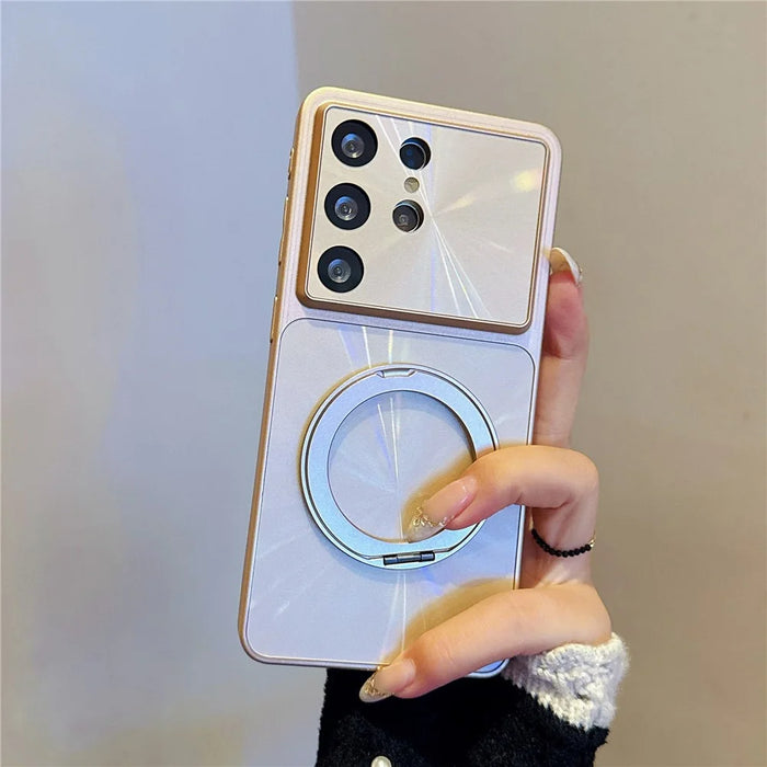 For Samsung Galaxy S26 Ultra Magnetic Case with 360° Rotating Ring Kickstand Aurora CD Pattern TPU + PC Phone Cover - Gold - 2