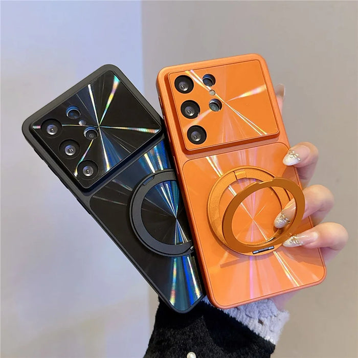 For Samsung Galaxy S26 Ultra Magnetic Case with 360° Rotating Ring Kickstand Aurora CD Pattern TPU + PC Phone Cover - Gold - 5
