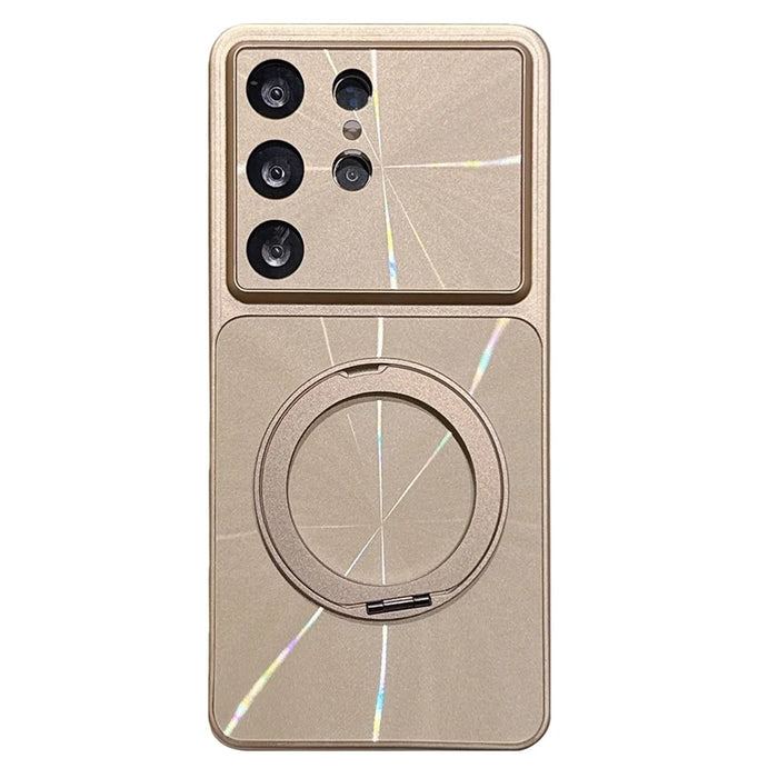 For Samsung Galaxy S25 Ultra Magnetic Case with 360° Rotating Ring Kickstand Aurora CD Pattern TPU + PC Phone Cover - Gold - 1
