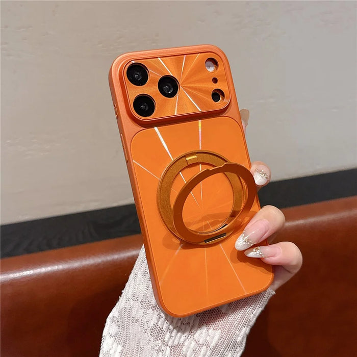 For iPhone 17 Pro Magnetic Case with 360° Rotating Ring Kickstand Aurora CD Pattern TPU + PC Phone Cover Compatible with Magsafe - Orange - 2