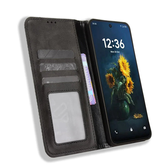 For TCL NxtPaper 70 Pro 5G Leather Case Wallet Stand Retro Texture Phone Cover - Black - 6