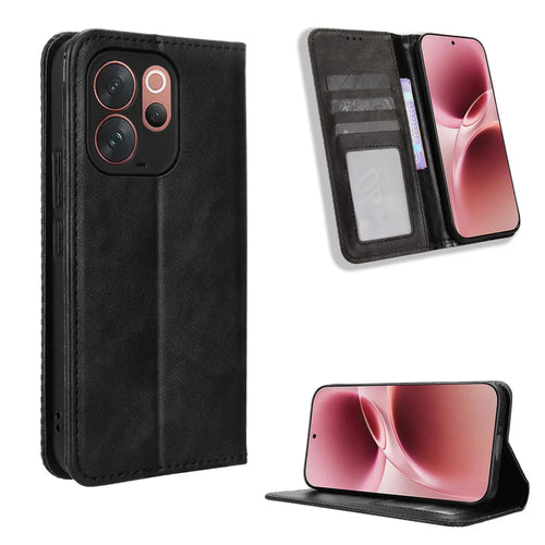 For vivo V70 Elite 5G / vivo V70 5G Leather Case Wallet Stand Retro Texture Phone Cover - Black - 1