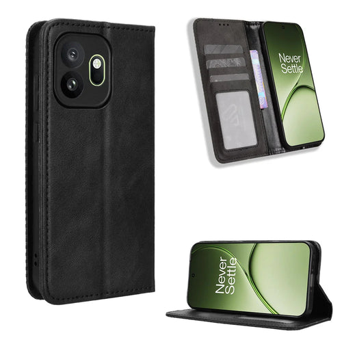 For OnePlus 15T 5G Leather Case Wallet Stand Retro Texture Phone Cover - Black - 1