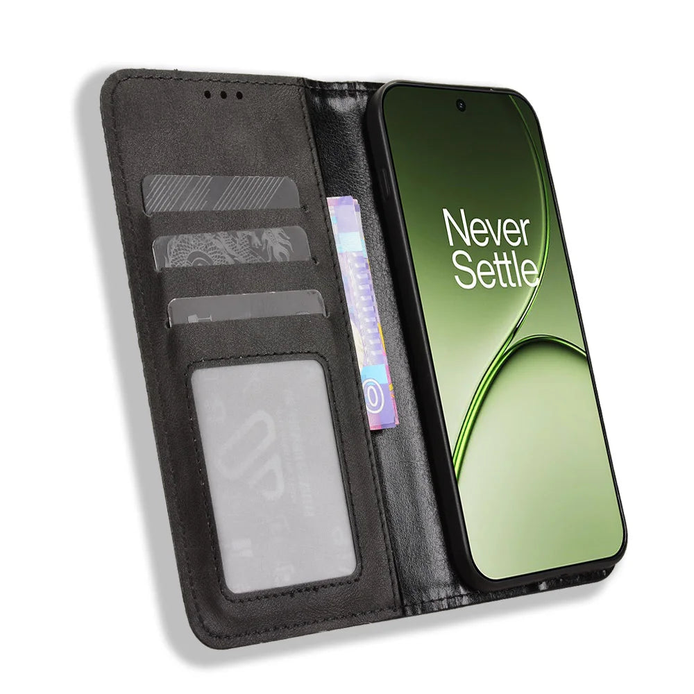 For OnePlus 15T 5G Leather Case Wallet Stand Retro Texture Phone Cover - Black - 6