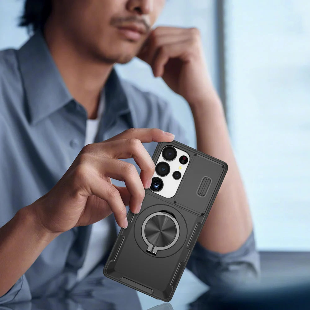For Samsung Galaxy S24 Ultra Magnetic Case Slide Camera Cover Rotary Kickstand PC + TPU Phone Shell - Black - 2