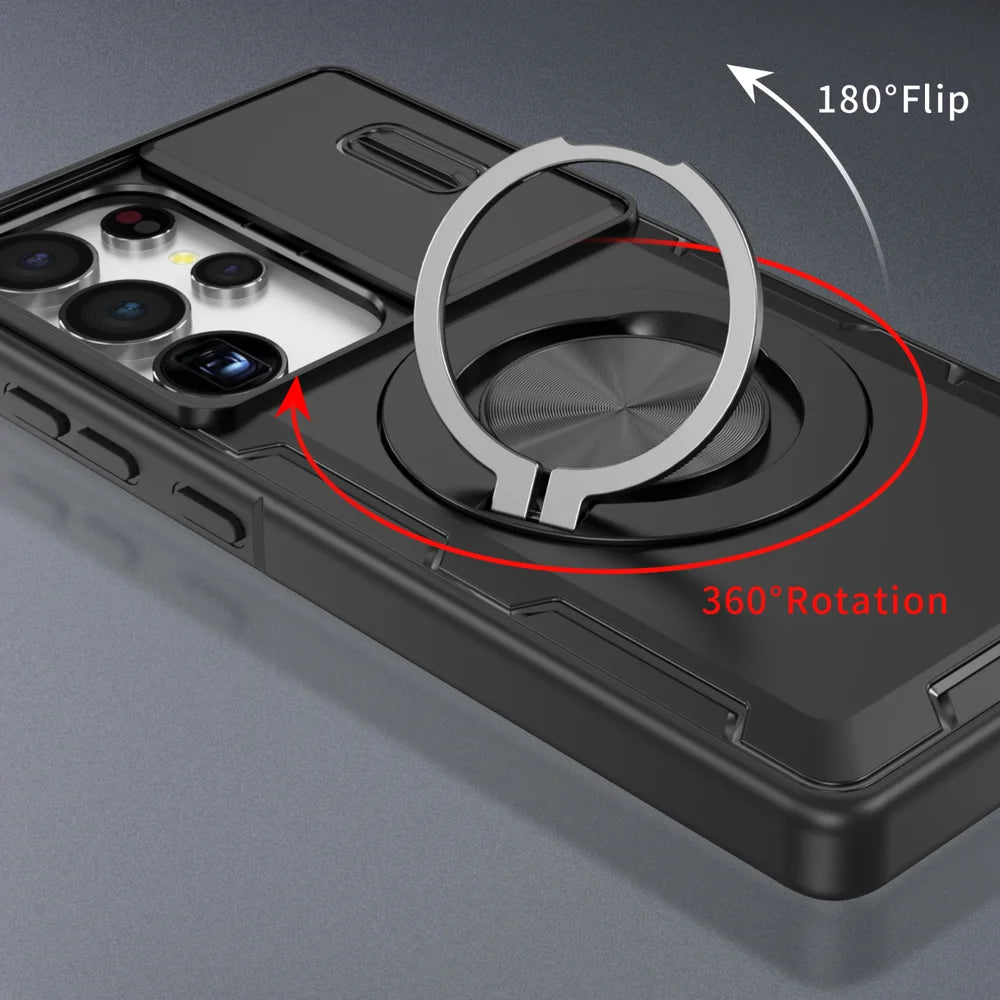 For Samsung Galaxy S24 Ultra Magnetic Case Slide Camera Cover Rotary Kickstand PC + TPU Phone Shell - Black - 3