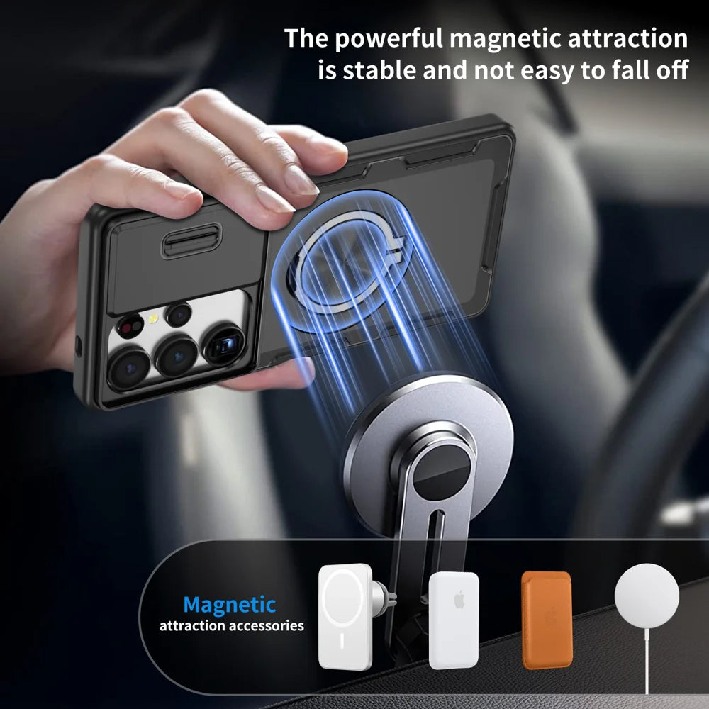 For Samsung Galaxy S24 Ultra Magnetic Case Slide Camera Cover Rotary Kickstand PC + TPU Phone Shell - Black - 6