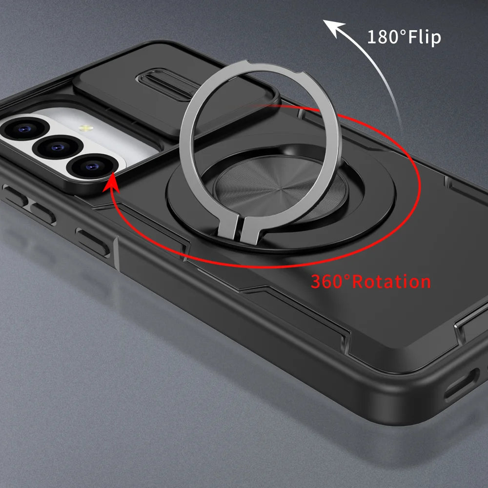 For Samsung Galaxy A15 5G Magnetic Case Slide Camera Cover Rotary Kickstand PC + TPU Phone Shell - Black - 2