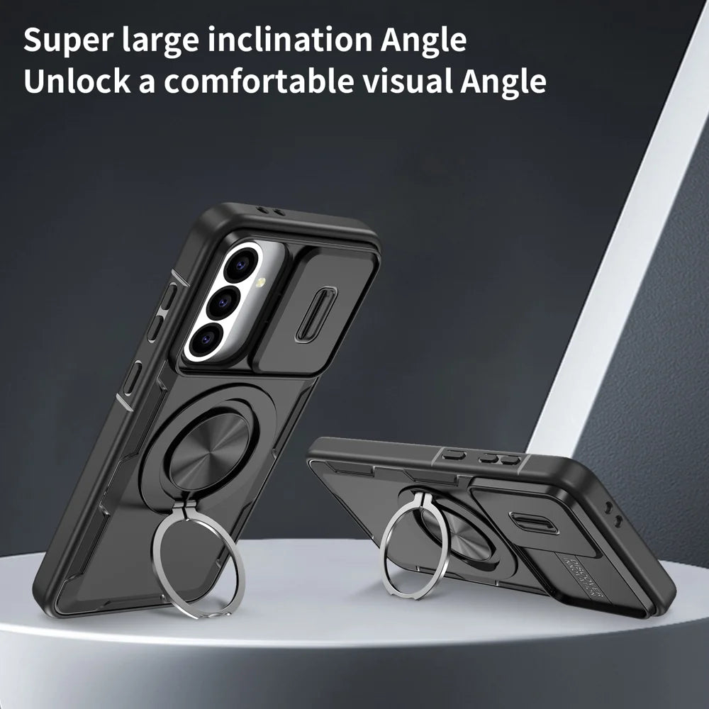 For Samsung Galaxy A15 5G Magnetic Case Slide Camera Cover Rotary Kickstand PC + TPU Phone Shell - Black - 3
