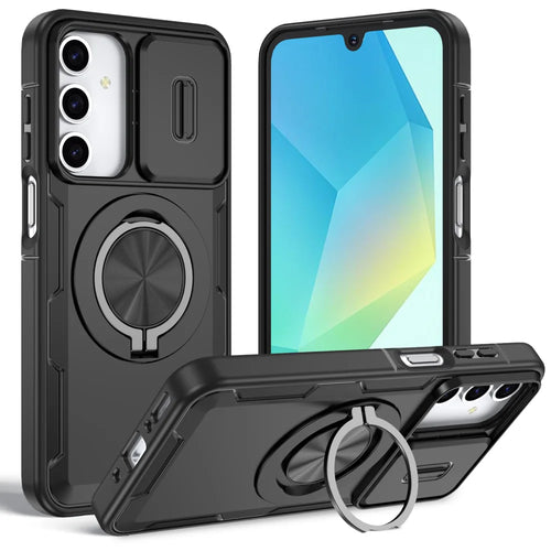 For Samsung Galaxy A18 4G / A17 4G / Galaxy A16 5G / Galaxy A16 4G / Galaxy A26 5G / Galaxy A17 5G Magnetic Case Slide Camera Cover Rotary Kickstand PC + TPU Phone Shell - Black - 1