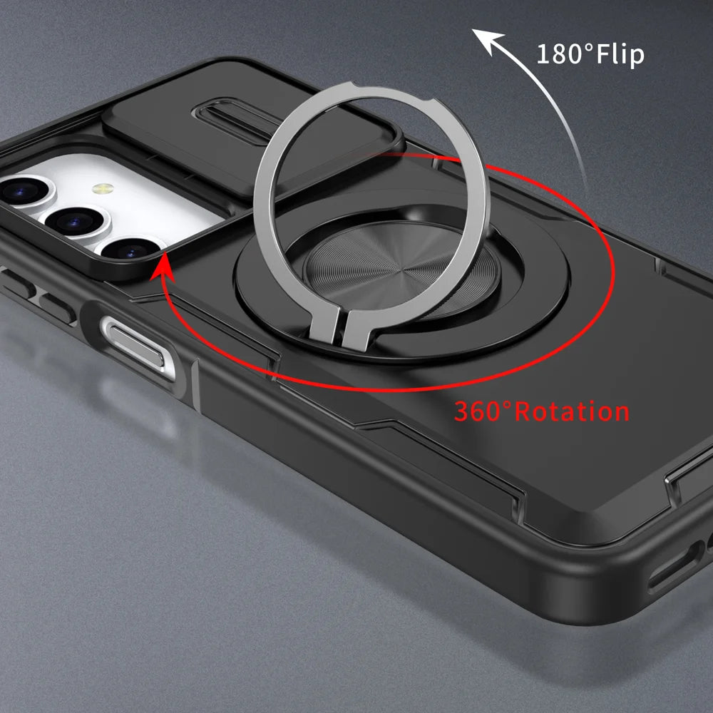 For Samsung Galaxy A18 4G / A17 4G / Galaxy A16 5G / Galaxy A16 4G / Galaxy A26 5G / Galaxy A17 5G Magnetic Case Slide Camera Cover Rotary Kickstand PC + TPU Phone Shell - Black - 2