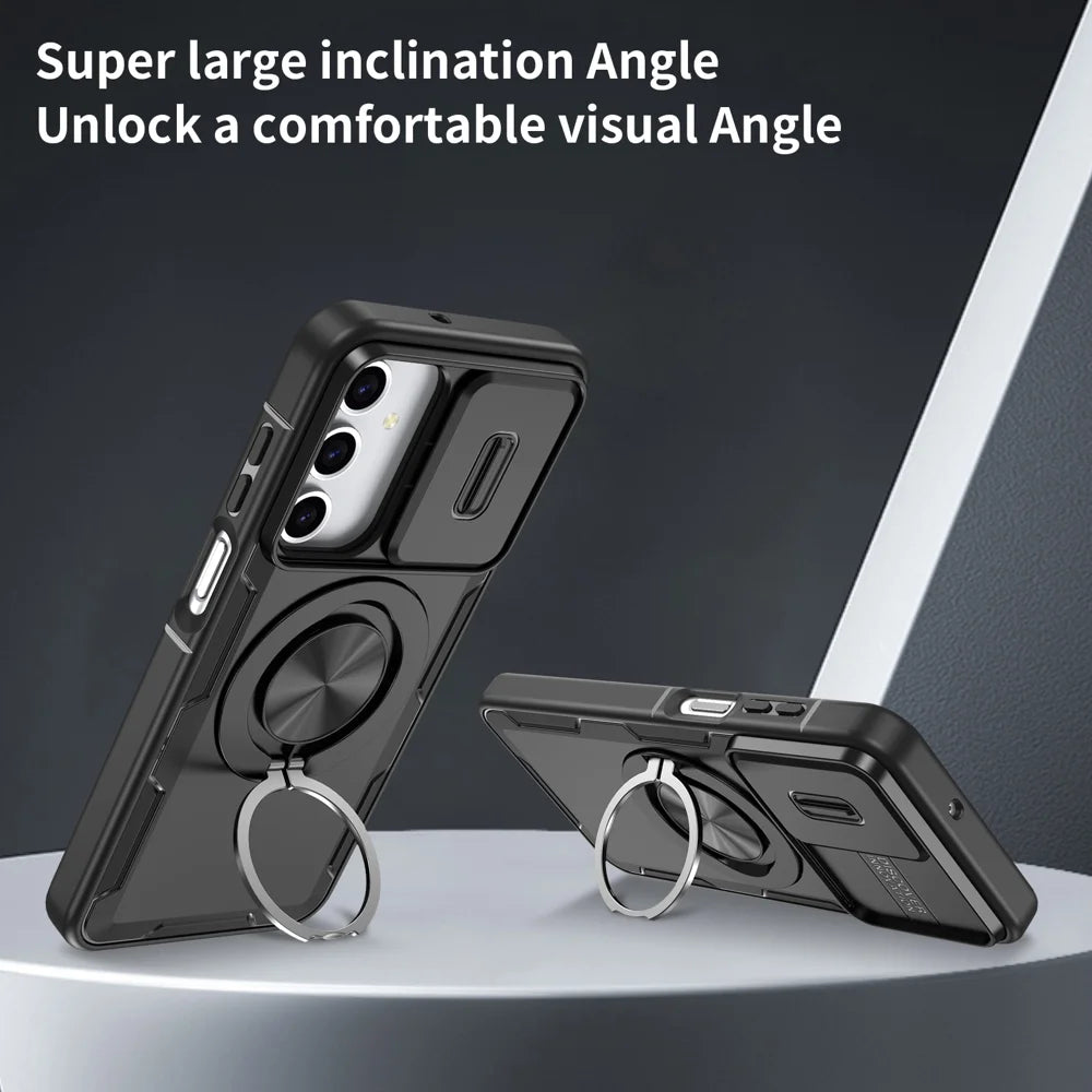 For Samsung Galaxy A18 4G / A17 4G / Galaxy A16 5G / Galaxy A16 4G / Galaxy A26 5G / Galaxy A17 5G Magnetic Case Slide Camera Cover Rotary Kickstand PC + TPU Phone Shell - Black - 3