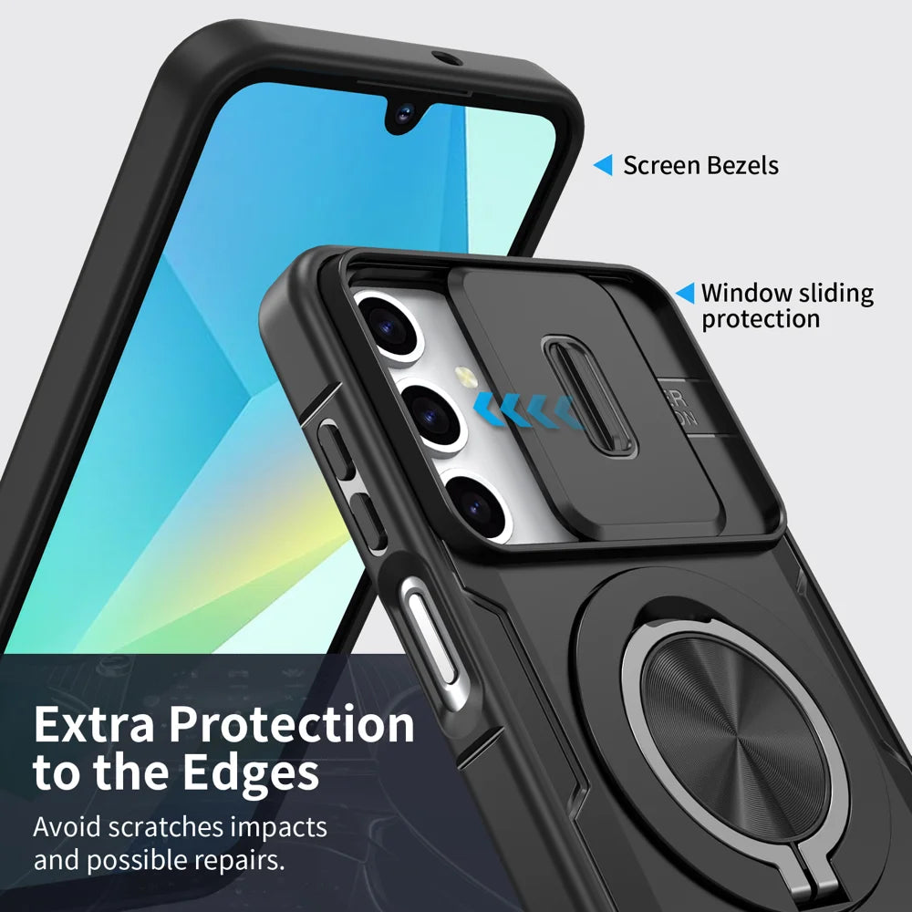 For Samsung Galaxy A18 4G / A17 4G / Galaxy A16 5G / Galaxy A16 4G / Galaxy A26 5G / Galaxy A17 5G Magnetic Case Slide Camera Cover Rotary Kickstand PC + TPU Phone Shell - Black - 4