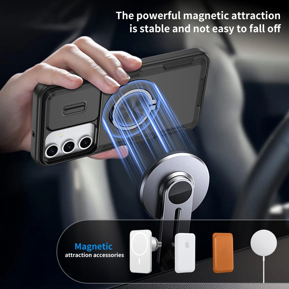 For Samsung Galaxy A18 4G / A17 4G / Galaxy A16 5G / Galaxy A16 4G / Galaxy A26 5G / Galaxy A17 5G Magnetic Case Slide Camera Cover Rotary Kickstand PC + TPU Phone Shell - Black - 5