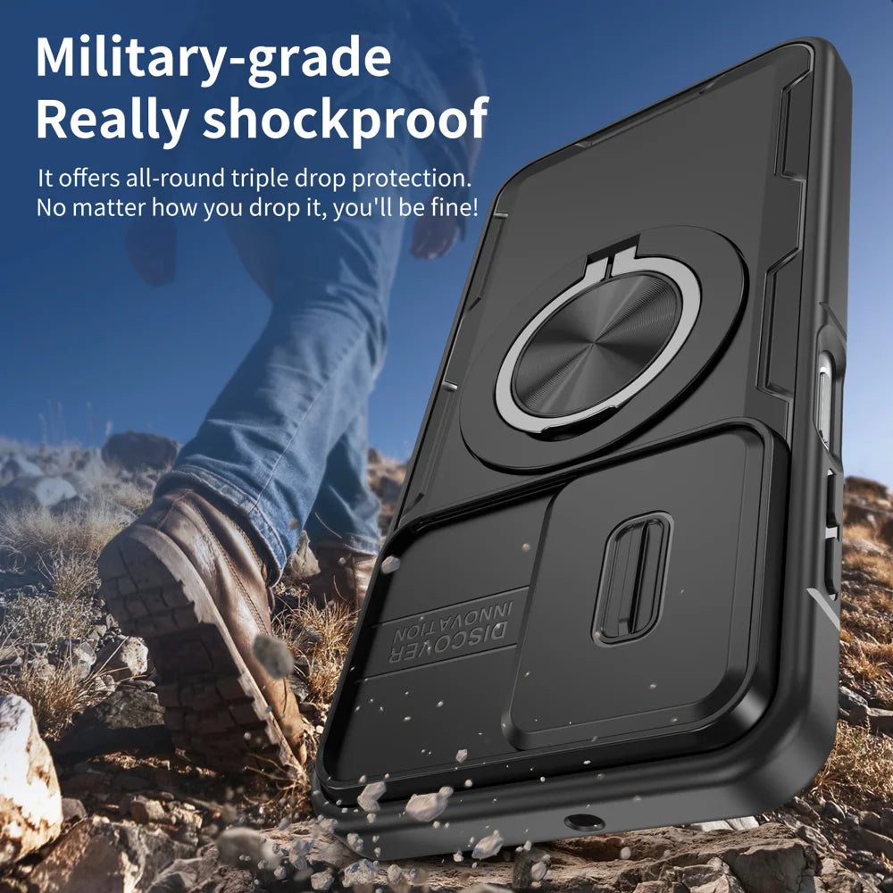 For Samsung Galaxy A18 4G / A17 4G / Galaxy A16 5G / Galaxy A16 4G / Galaxy A26 5G / Galaxy A17 5G Magnetic Case Slide Camera Cover Rotary Kickstand PC + TPU Phone Shell - Black - 6