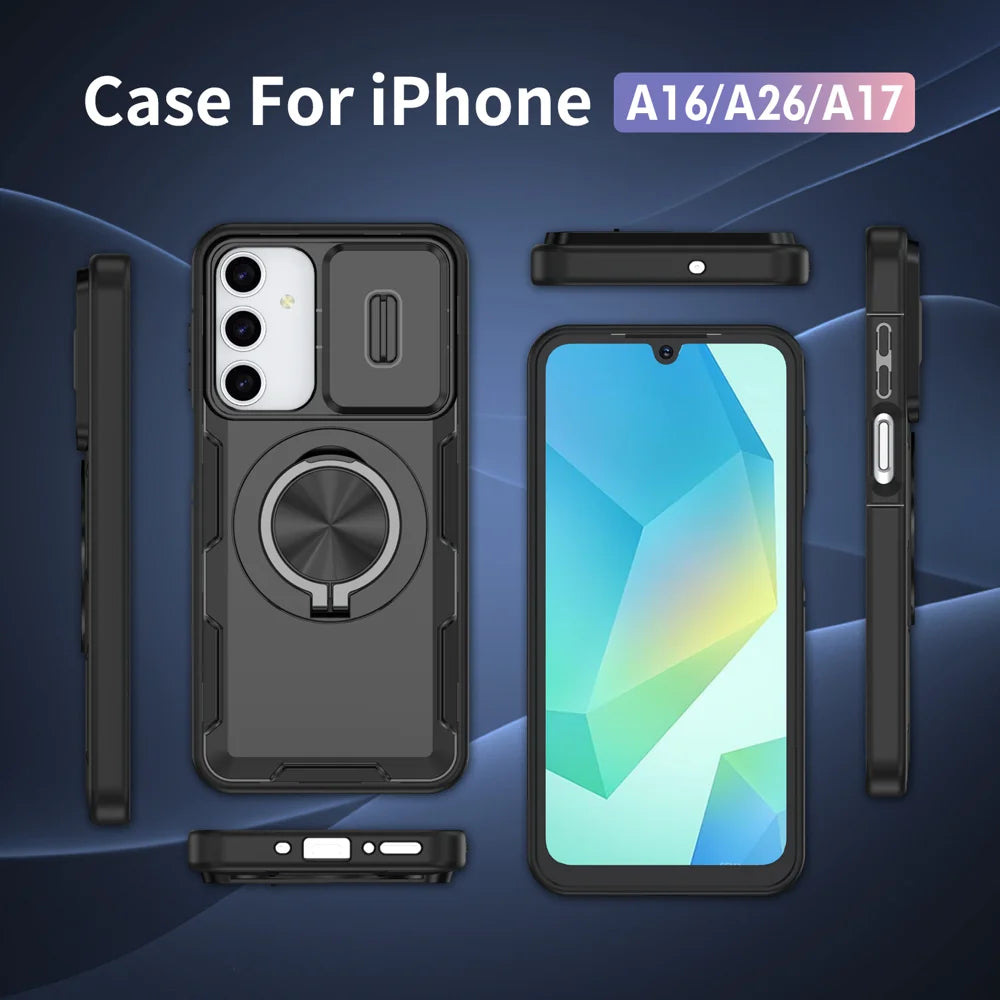 For Samsung Galaxy A18 4G / A17 4G / Galaxy A16 5G / Galaxy A16 4G / Galaxy A26 5G / Galaxy A17 5G Magnetic Case Slide Camera Cover Rotary Kickstand PC + TPU Phone Shell - Black - 7