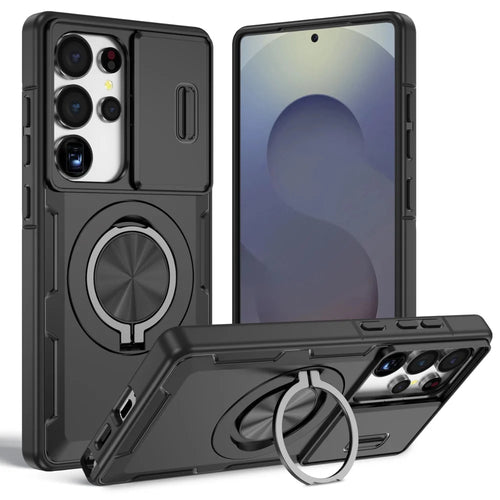 For Samsung Galaxy S25 Ultra Magnetic Case Slide Camera Cover Rotary Kickstand PC + TPU Phone Shell - Black - 1
