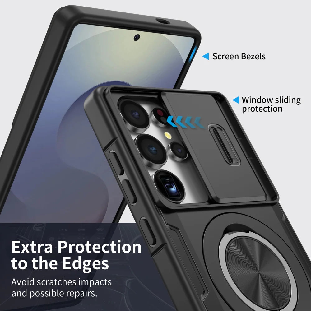 For Samsung Galaxy S25 Ultra Magnetic Case Slide Camera Cover Rotary Kickstand PC + TPU Phone Shell - Black - 4