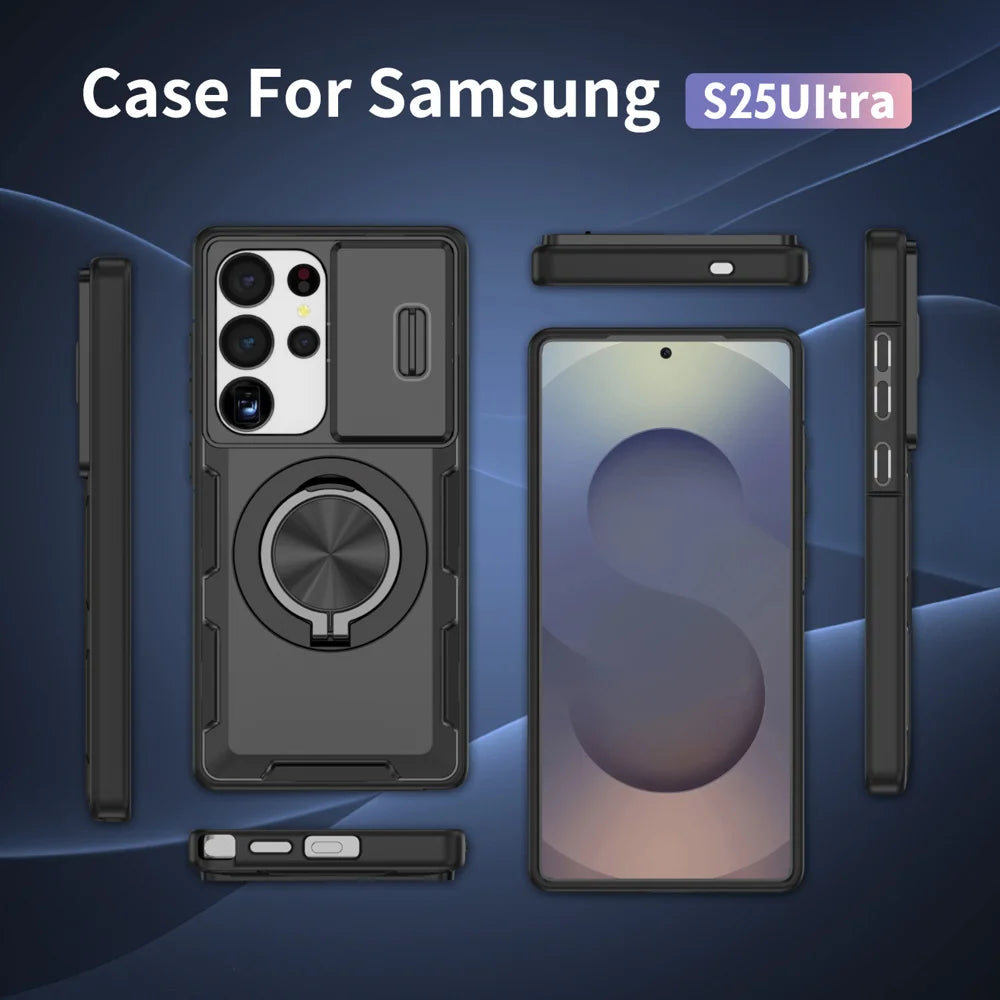 For Samsung Galaxy S25 Ultra Magnetic Case Slide Camera Cover Rotary Kickstand PC + TPU Phone Shell - Black - 7