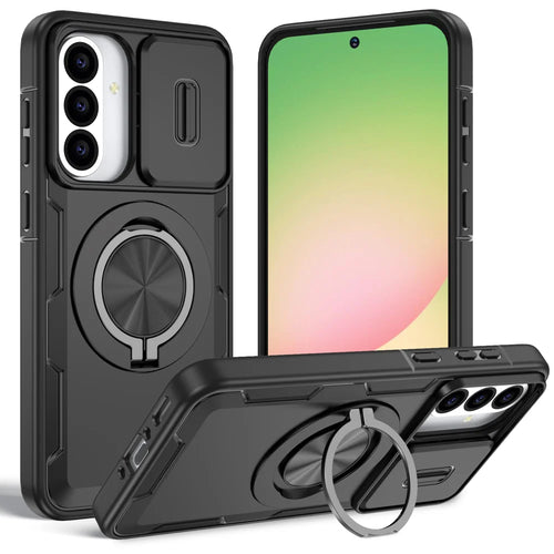 For Samsung Galaxy A56 5G / Galaxy A36 5G Magnetic Case Slide Camera Cover Rotary Kickstand PC + TPU Phone Shell - Black - 1