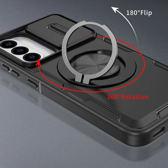 For Samsung Galaxy A56 5G / Galaxy A36 5G Magnetic Case Slide Camera Cover Rotary Kickstand PC + TPU Phone Shell - Black - 2