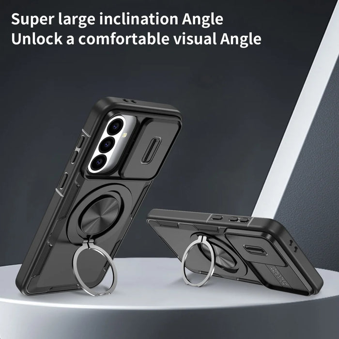 For Samsung Galaxy A56 5G / Galaxy A36 5G Magnetic Case Slide Camera Cover Rotary Kickstand PC + TPU Phone Shell - Black - 3