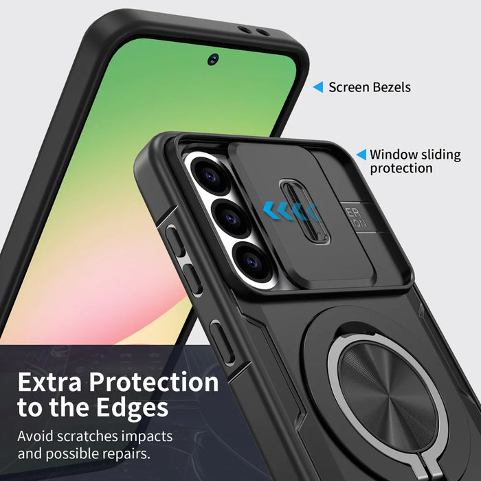 For Samsung Galaxy A56 5G / Galaxy A36 5G Magnetic Case Slide Camera Cover Rotary Kickstand PC + TPU Phone Shell - Black - 4