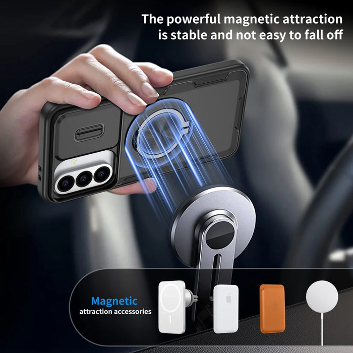For Samsung Galaxy A56 5G / Galaxy A36 5G Magnetic Case Slide Camera Cover Rotary Kickstand PC + TPU Phone Shell - Black - 5
