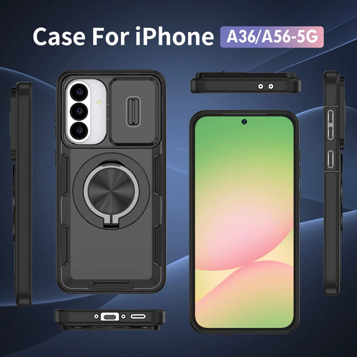 For Samsung Galaxy A56 5G / Galaxy A36 5G Magnetic Case Slide Camera Cover Rotary Kickstand PC + TPU Phone Shell - Black - 7
