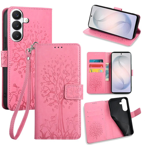 For Samsung Galaxy S26 Case PU Leather Wallet Phone Cover Tree Deer Imprinted - Pink - 1