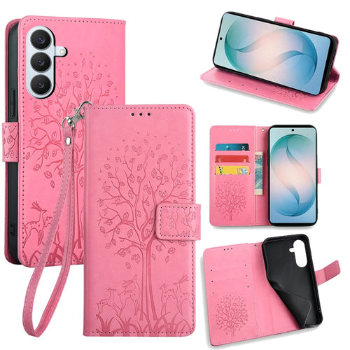 For Samsung Galaxy S26+ Case PU Leather Wallet Phone Cover Tree Deer Imprinted - Pink - 1