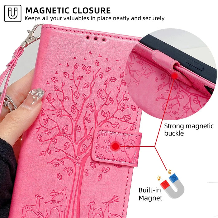 For Samsung Galaxy S26+ Case PU Leather Wallet Phone Cover Tree Deer Imprinted - Pink - 5