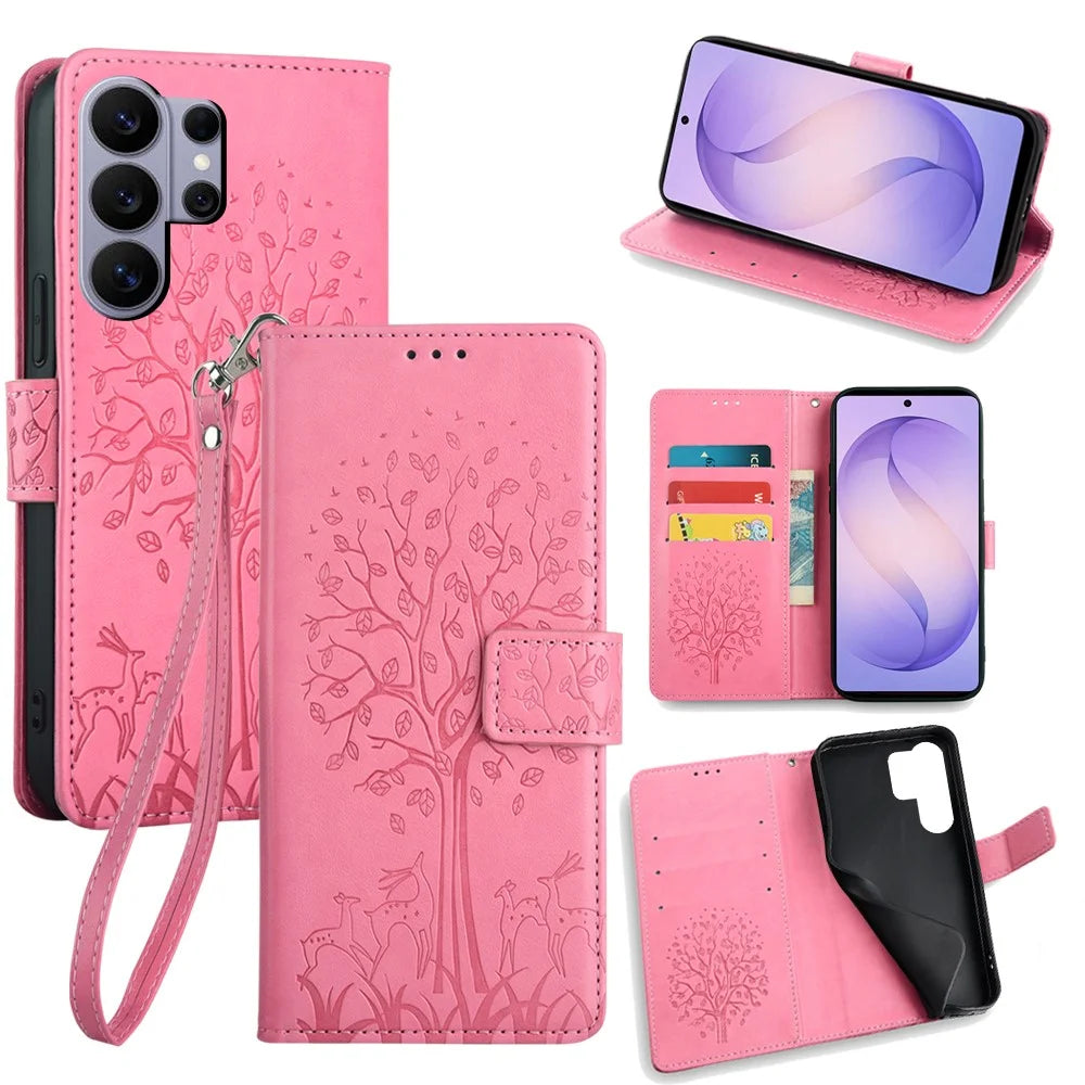 For Samsung Galaxy S26 Ultra Case PU Leather Wallet Phone Cover Tree Deer Imprinted - Pink - 1