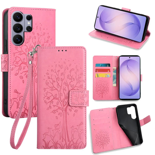 For Samsung Galaxy S26 Ultra Case PU Leather Wallet Phone Cover Tree Deer Imprinted - Pink - 1
