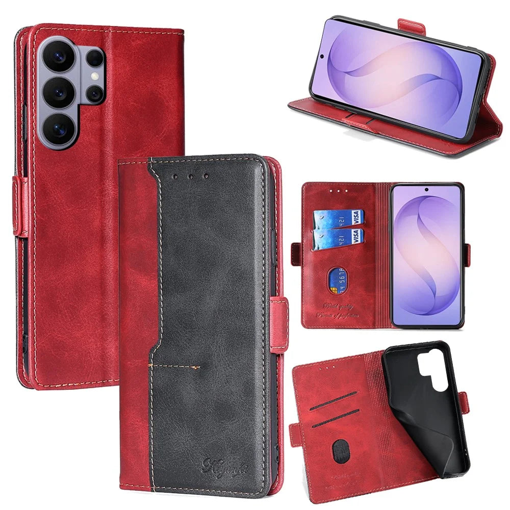 For Samsung Galaxy S26 Ultra Case Contrast Color Wallet Leather Phone Cover - Black + Red - 1