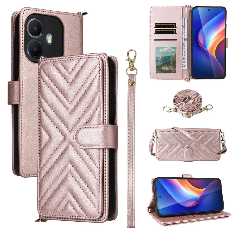 For TCL K70 4G / K70 Power 4G Leather Case Stand Wallet Phone Cover with Shoulder  /  Wrist Strap - Pink - 1