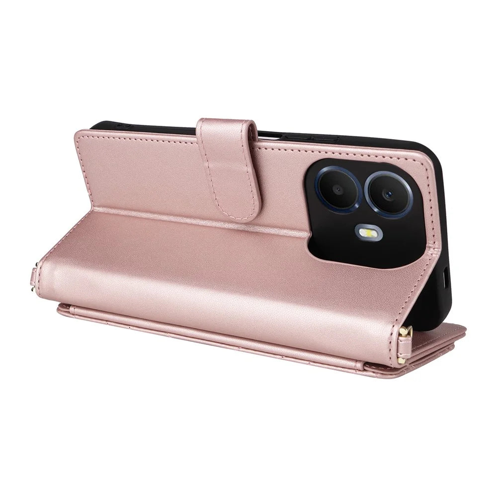 For TCL K70 4G / K70 Power 4G Leather Case Stand Wallet Phone Cover with Shoulder  /  Wrist Strap - Pink - 6