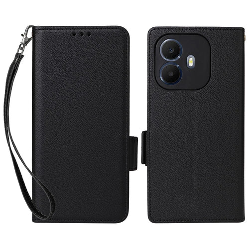For TCL K70 4G / K70 Power 4G Case Litchi Texture Wallet Leather Phone Cover with Wrist Strap - Black - 1