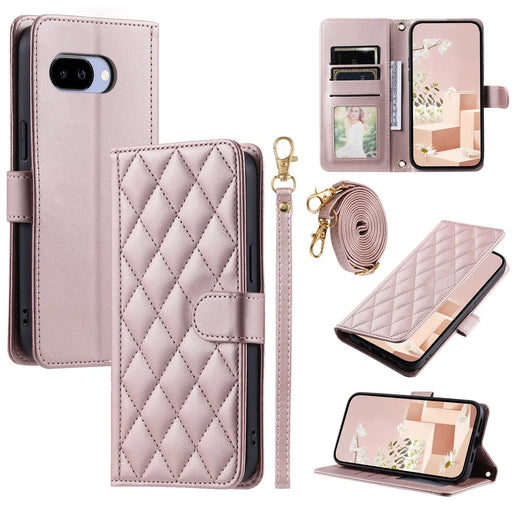 For Google Pixel 10a PU Leather Case Wallet Rhombus Grid Phone Cover with Shoulder Strap  /  Wrist Strap - Rose Gold - 1