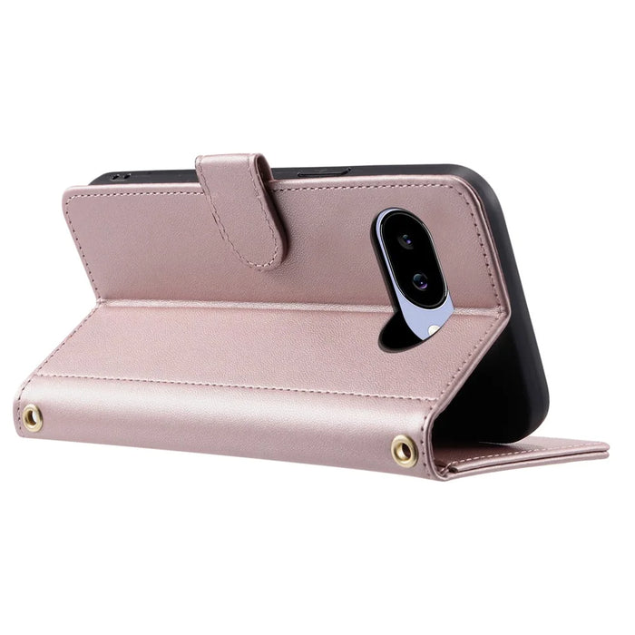 For Google Pixel 10a PU Leather Case Wallet Rhombus Grid Phone Cover with Shoulder Strap  /  Wrist Strap - Rose Gold - 3