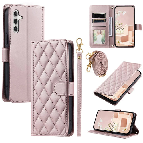 For Samsung Galaxy A57 5G PU Leather Case Wallet Rhombus Grid Phone Cover with Shoulder Strap  /  Wrist Strap - Rose Gold - 1