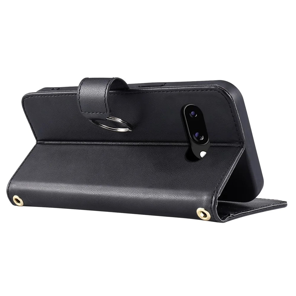 For Google Pixel 10a Crossbody Leather Case Ring Buckle Wallet Stand Rhombus Mobile Cover - Black - 5